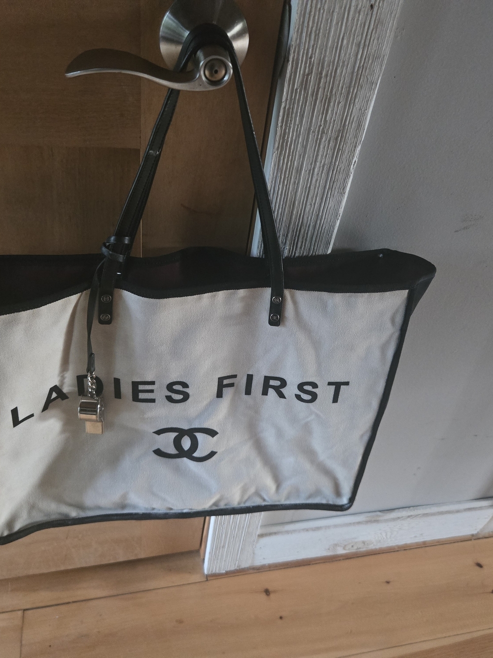 CHANEL White Canvas 'Ladies First' Tote with Black Trim
